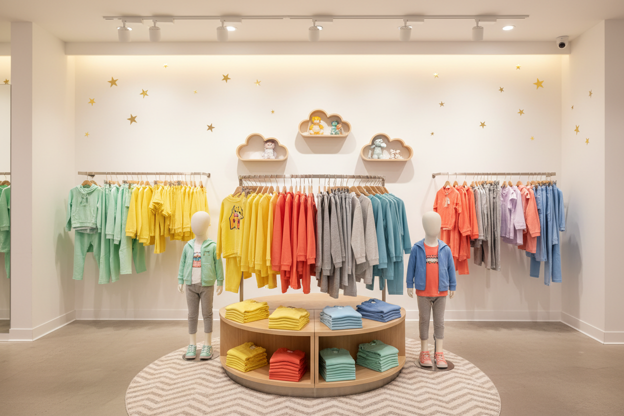 kids clothes section in the rack with unisex items that attract customers